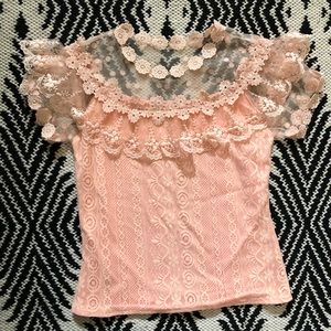 Short sleeve peach lace floral layered blouse size
